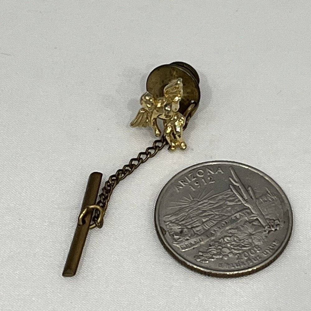 Vintage Gold Tone Winged Angel Tie Tack With Chain Guardian Angel Cherub - Picture 10 of 11